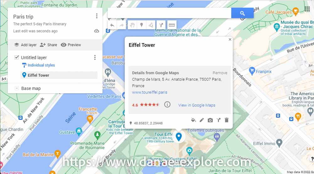 Google My Maps, itinerário de Paris