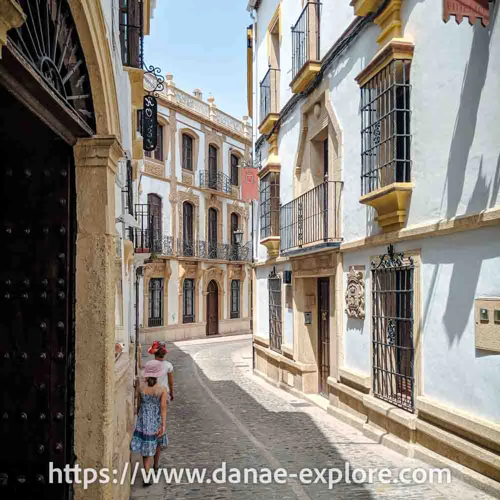 duas crianças andando por ruela em Ronda, a primeira parada de nosso roteiro de 10 dias pela Andalucia. É um dia de sol, dos dois lados da rua há prédios baixos brancos com detalhes em amarelo.