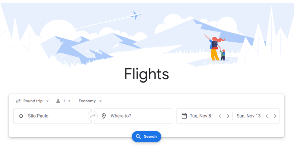 Google Flights home screen, one of the best tools for searching for flights and planning a trip