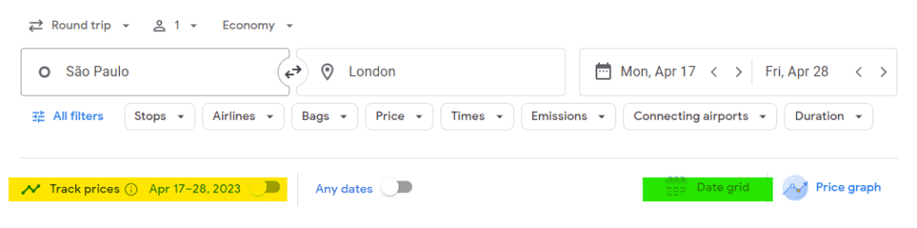 Google Flights search screen with price tracking example, one of the best tools for searching for flights and planning a trip