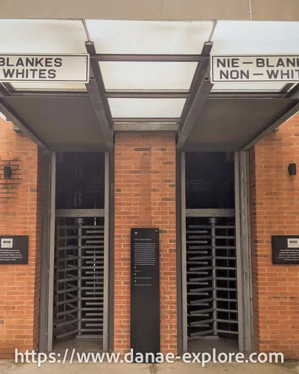 Entrance gate to the Apartheid Museum, in Johannesburg - On the left side, entrance for whites, on the right side, entrance for non-whites