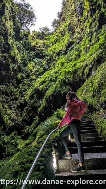 Moça em calça preta e blusa rosa no Algar do Carvão, Ilha Terceira, Açores. A abertura da cratera do vulcão está recoberta com samambaias