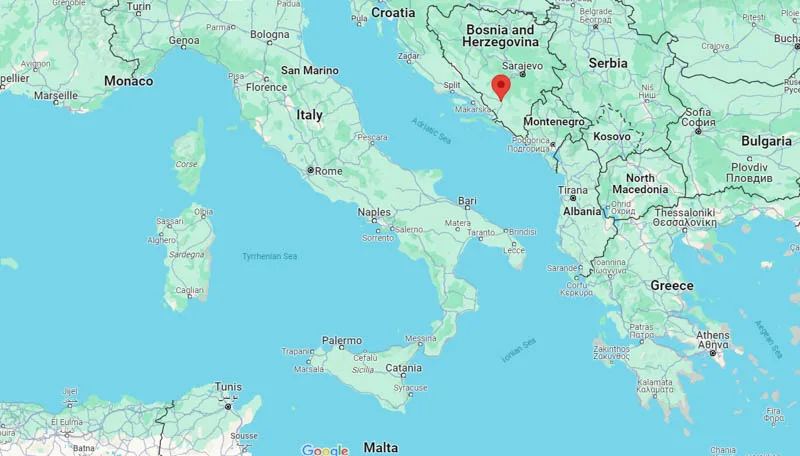 Map showing southeastern Europe and pin on the city of Mostar