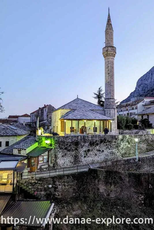 Illuminated mosque at dusk, Mostar, Bosnia Herzegovina