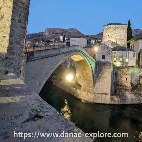 Stari Most lit up at night. Stari Most by night. Mostar, Bosnia and Herzegovina