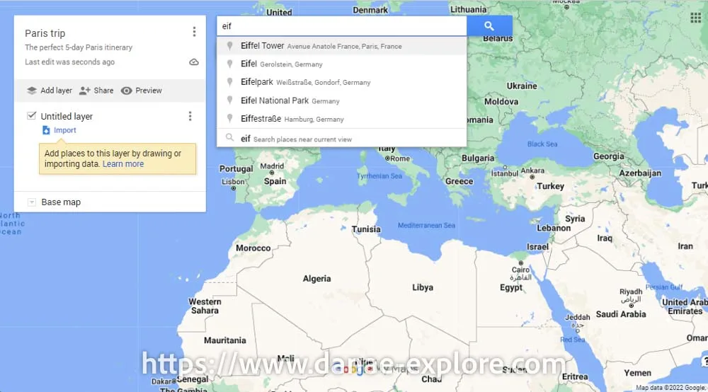 adicionando ao mapa da viagem os lugares a serem visitados e salvando no Google MyMaps