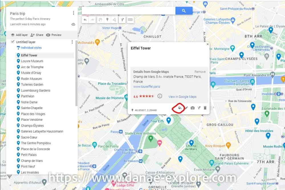organizando os locais salvos no mapa de acordo com cores e ícones, para facilitar a utilização do mapa na viagem