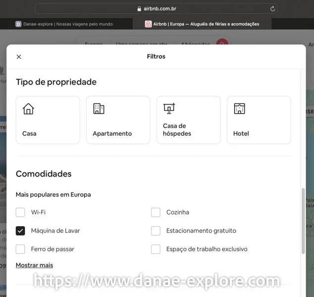 Airbnb search screen with washing machine filter