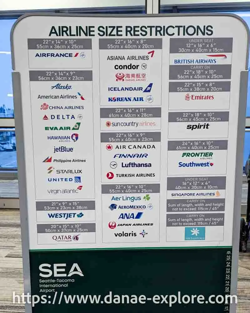 sign at Seattle airport with the dimensions allowed for luggage on various airlines