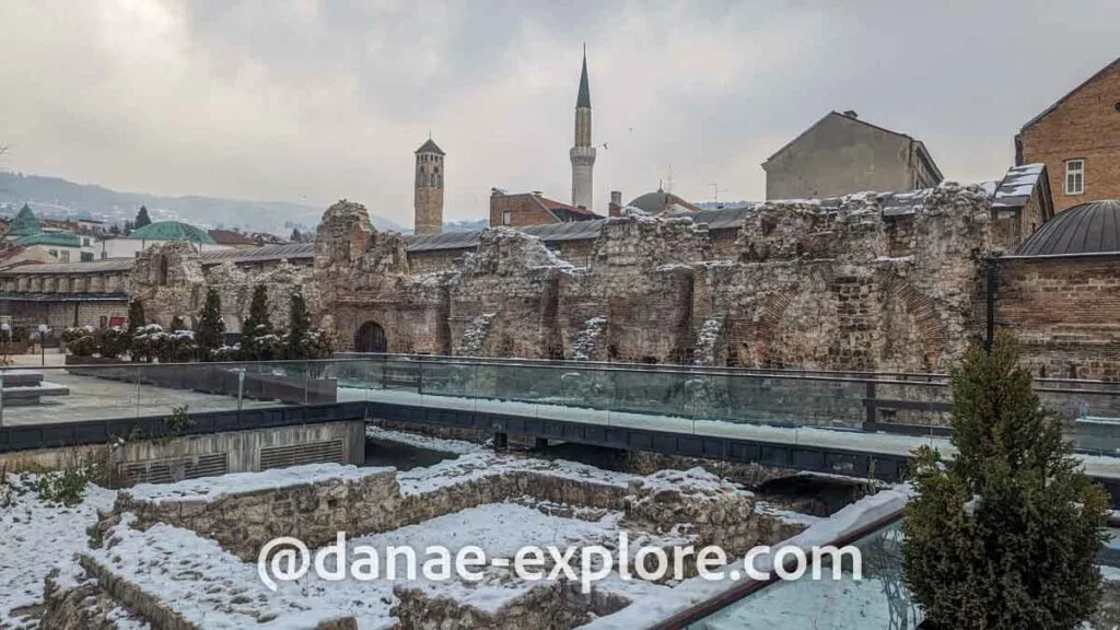 Ottoman ruins in Sarajevo - Tašlihan - on a cloudy winter day, there is snow on the ground and walls