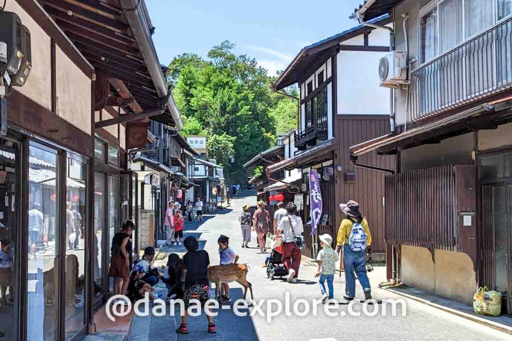 rua com casas tradicionais japoneses, em madeira escura e paredes brancas. Há pessoas pela rua e alguns veadinhos