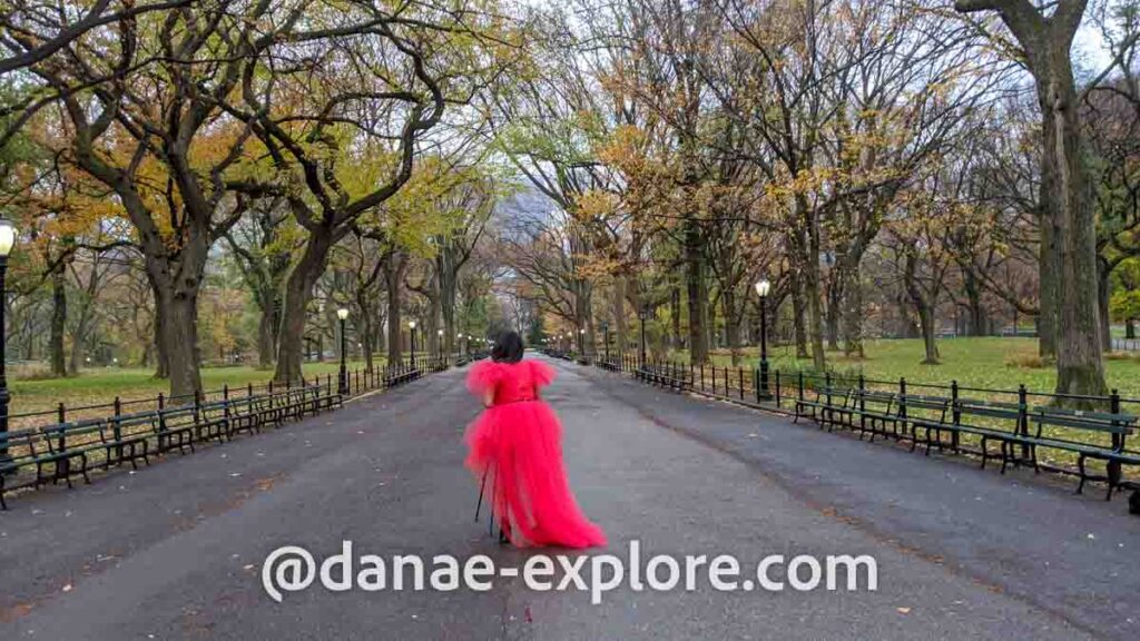 mulher em vestido vermelho, apesar do frio, em rua do Central Park, vista durante nosso roteiro de oito dias no Natal em Nova Yorque