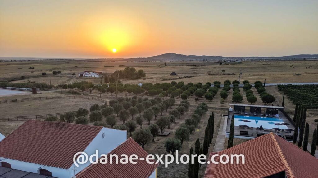 Por-do-sol no Alentejo; há algumas oliveiras e uma piscina no primeiro plano