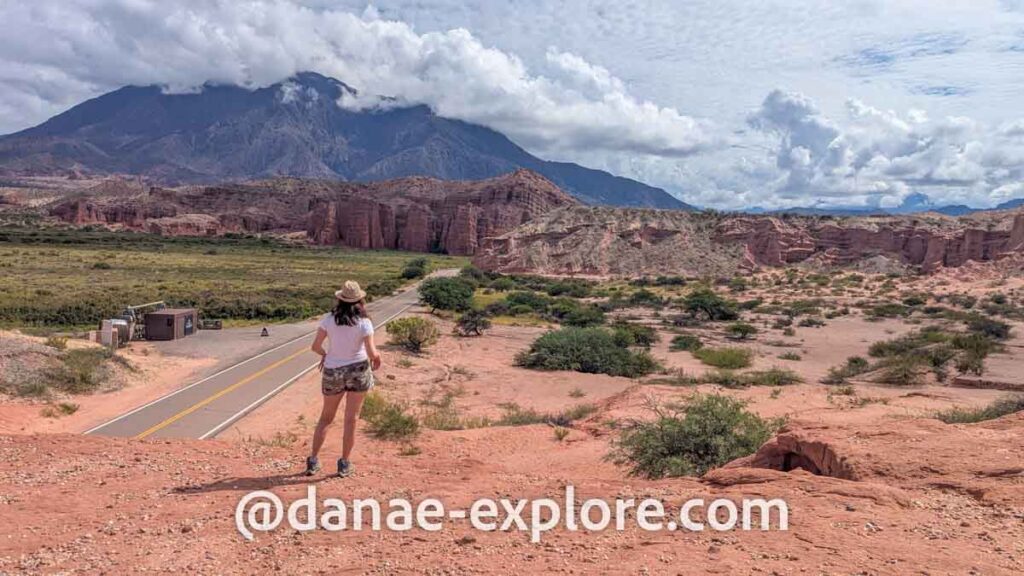 eu, de costas para câmera, olhando a Ruta 68 entre Cafayate e Salta