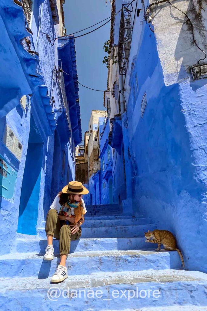 Eu sentada em escadaria azul, numa ruela ladeada por casas pintadas de azul, observando um gatinho amarelo lambendo a pata, em Chefchaouen, Marrocos