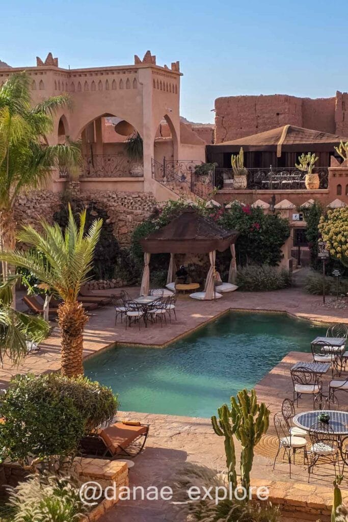 Hotel Ksar Ighnda, in Ouarzazate, my favorite of the entire ten-day trip to Morocco. Pictured: a view of the hotel pool and some adobe outbuildings.