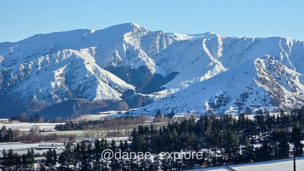 Montanhas cobertas de neve na região de Queenstown, com pinheiros em primeiro plano.